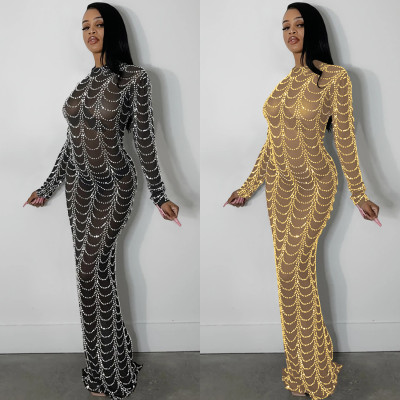 Fashion new sexy nightclub hot drilling mesh see-through long-sleeved dress X5351