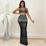 Two-piece mesh see-through camisole long dress X5370