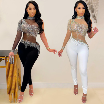 Fashion nightclub women's see-through mesh milk silk stitching hot drilling one-shoulder jumpsuit X5336