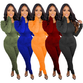 New women's solid color pleated casual suit TS1183