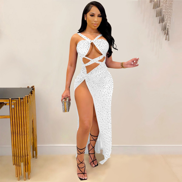 Nightclub Net Yarn Hot Rhinestone Sexy Sling Hollow Split Long Skirt Dress X5349