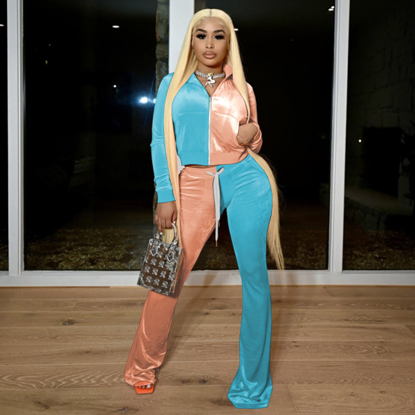 Women's Korean Fleece Contrasting Color Long Sleeve Jacket Slim Flared Pants Set TS1178