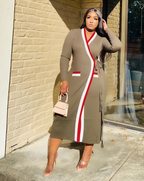 New women's casual ribbed webbing stitching long-sleeved long coat TS1083