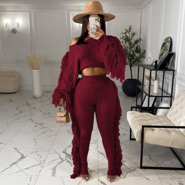 New women's casual solid color knitted long-sleeved tassel suit TS1186