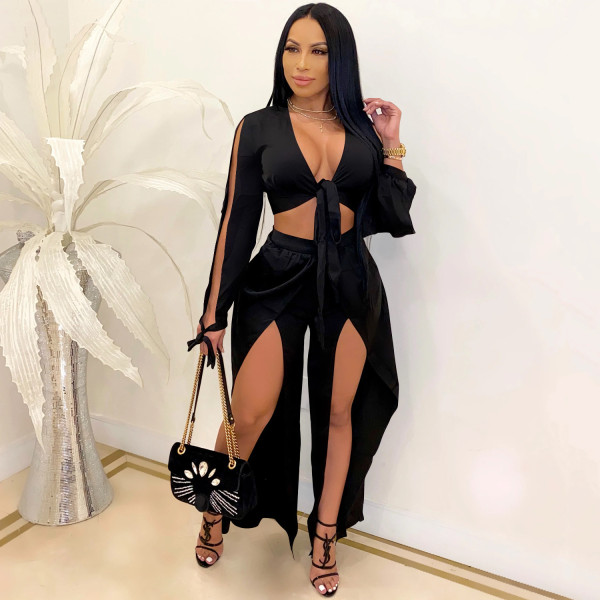 Pure color fashion women's lace-up hollow long-sleeved split long skirt two-piece suit X5360