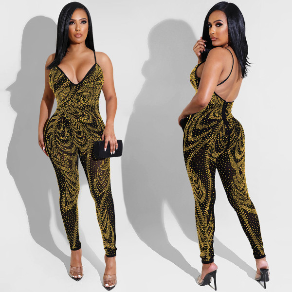 Women's sexy nightclub net yarn see-through milk silk suspender trousers jumpsuit X5280