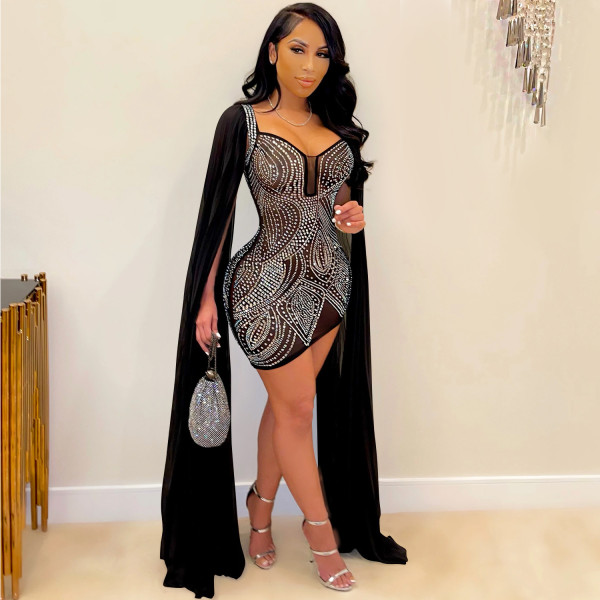 Hot rhinestone mesh sexy nightclub long sleeveless zipper skirt dress without panties X5332