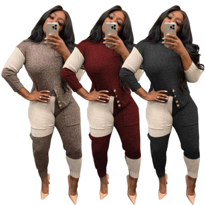 New women's casual contrast color sweater suit TS1189