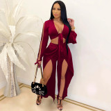 Pure color fashion women's lace-up hollow long-sleeved split long skirt two-piece suit X5360