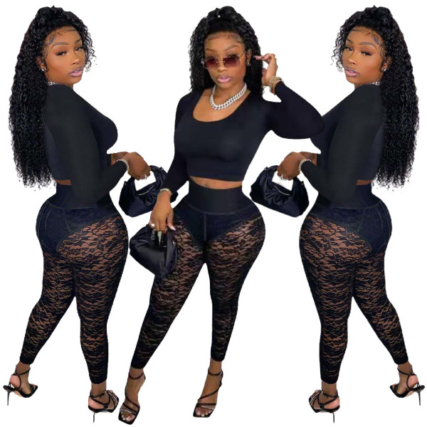 New sexy lace pants + solid color top two-piece suit YD8549