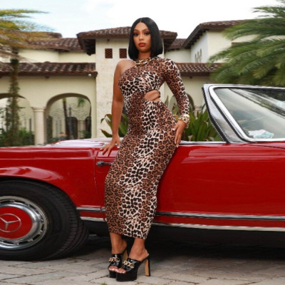 Irregular leopard print slim long sleeve dress nightclub clothes SS10121