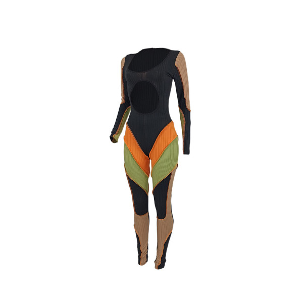 New sexy belly button multicolor stitching jumpsuit YD8550