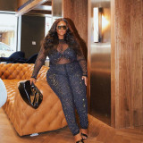 Bright Rhinestone Long Sleeve Plus Size Hot Rhinestone Jumpsuit VK2247