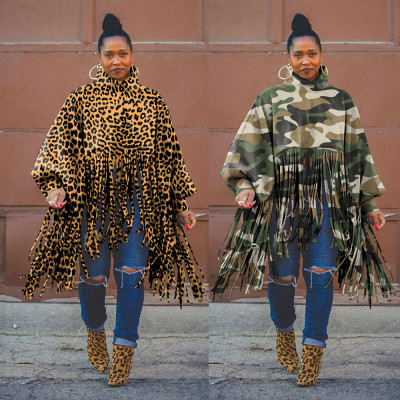 Fashion Leopard Print Long Sleeve Fringed Top F8109