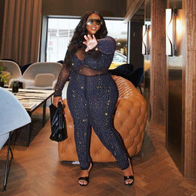 Bright Rhinestone Long Sleeve Plus Size Hot Rhinestone Jumpsuit VK2247