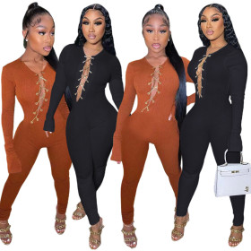 New sexy solid color metal chain jumpsuit YD8551