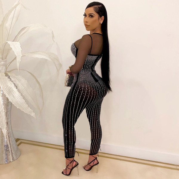 Sexy hot drilling deep V cardigan jumpsuit nightclub clothes K8978