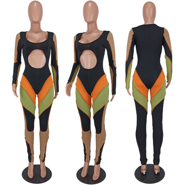 New sexy belly button multicolor stitching jumpsuit YD8550