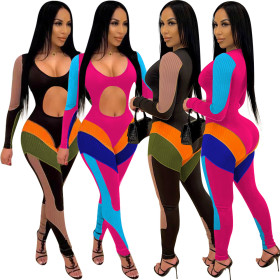 New sexy belly button multicolor stitching jumpsuit YD8550