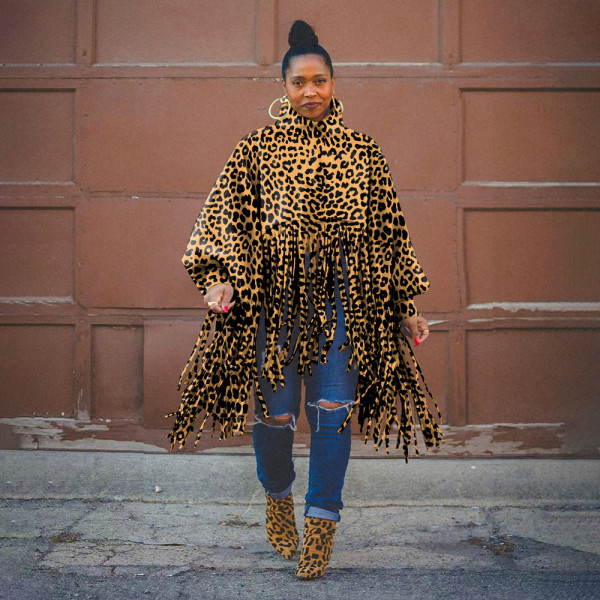 Fashion Leopard Print Long Sleeve Fringed Top F8109
