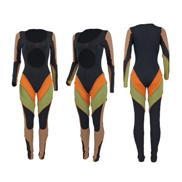 New sexy belly button multicolor stitching jumpsuit YD8550