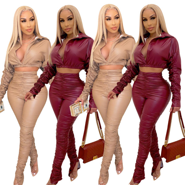 Fashion casual solid color PU pleated two-piece suit FE055