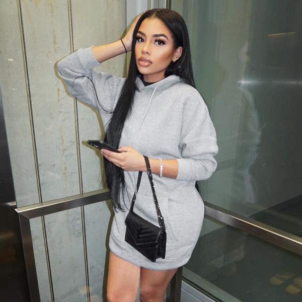 Women's Fall 2021 New Fleece Sweater Hooded Drawstring Casual Loose Short Skirt Dress K21DS503