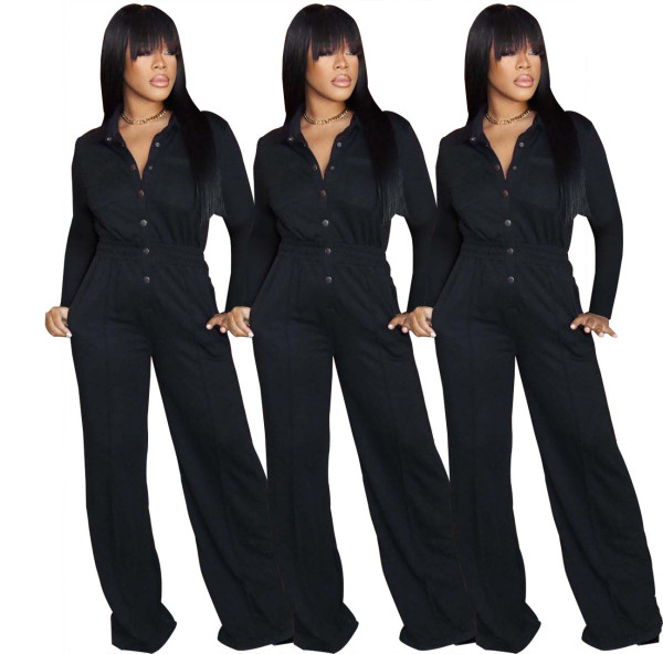 New fashion casual loose solid color waist jumpsuit cross FE198