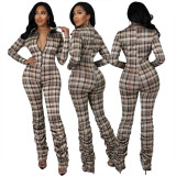New fashion slim-fit pleated print plaid jumpsuit FE200