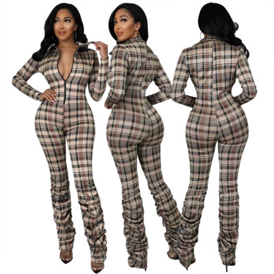 New fashion slim-fit pleated print plaid jumpsuit FE200