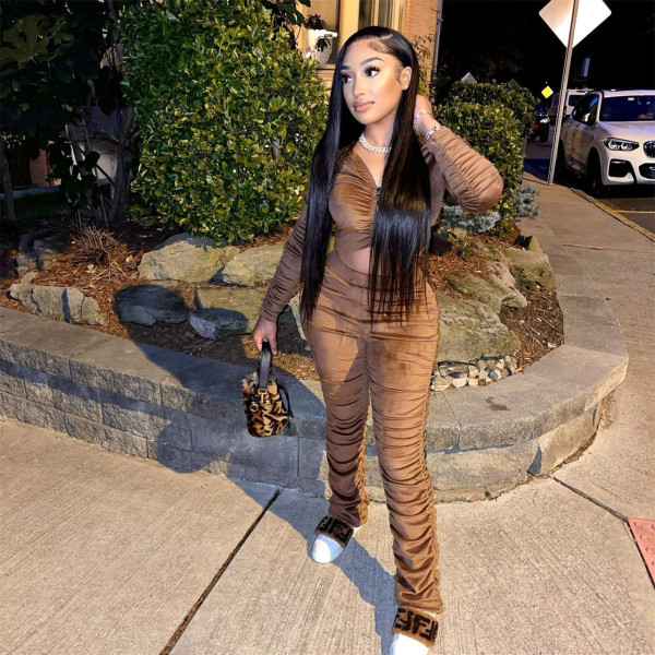 New velvet waistless ruffled hooded two-piece suit FE194