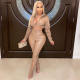 Fashion casual solid color PU pleated two-piece suit FE055