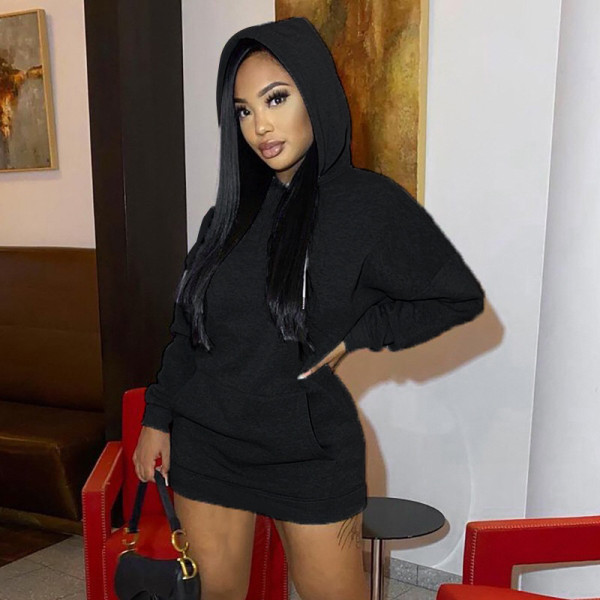 Women's Fall 2021 New Fleece Sweater Hooded Drawstring Casual Loose Short Skirt Dress K21DS503