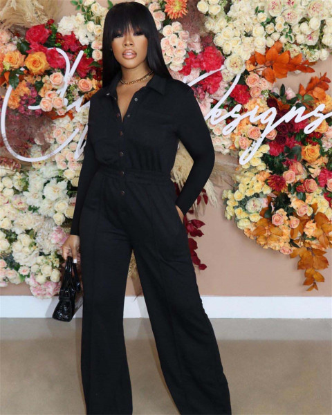 New fashion casual loose solid color waist jumpsuit cross FE198