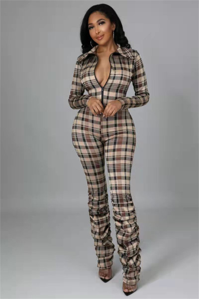 New fashion slim-fit pleated print plaid jumpsuit FE200