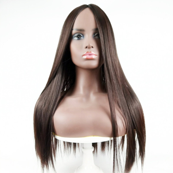 Wig black mid-length straight hair high temperature silk mechanism full headgear