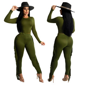2021 autumn new sexy fashion tassel long-sleeved slim two-piece suit