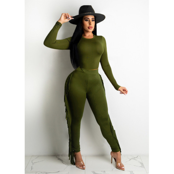 2021 autumn new sexy fashion tassel long-sleeved slim two-piece suit