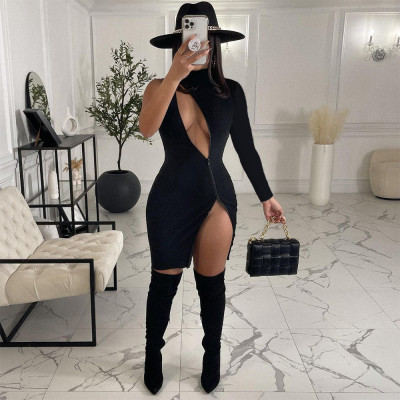 2021 new sexy fashion unilateral sleeve double-head zipper open back dress