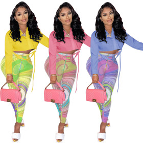Two-piece long-sleeved shirt with mesh printing trousers