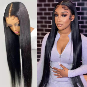 Hand-woven front lace wig headgear black long straight hair chemical fiber headgear T-shaped lace wig