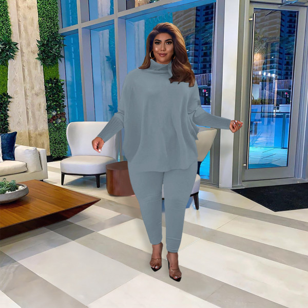 Fashion casual solid color bat sleeve split top trousers ribbed pit strip suit