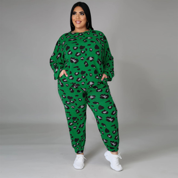 Plus size women's fashion round neck long sleeve leopard print loose sweater casual suit women