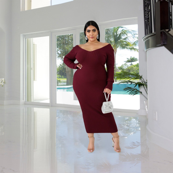 Autumn and winter solid color long-sleeved ribbed knitted cotton dress bottoming long skirt
