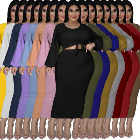 New Women's Fashion Lantern Sleeve Long Sleeve Top Half Skirt Cotton Rib Hole Striped Casual Two-piece Set