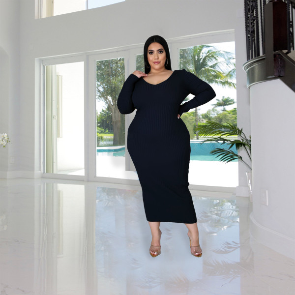 Autumn and winter solid color long-sleeved ribbed knitted cotton dress bottoming long skirt