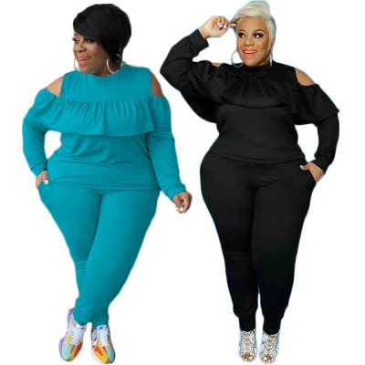 Fashionable casual set of fit slimming shoulder solid color plus size women's clothing