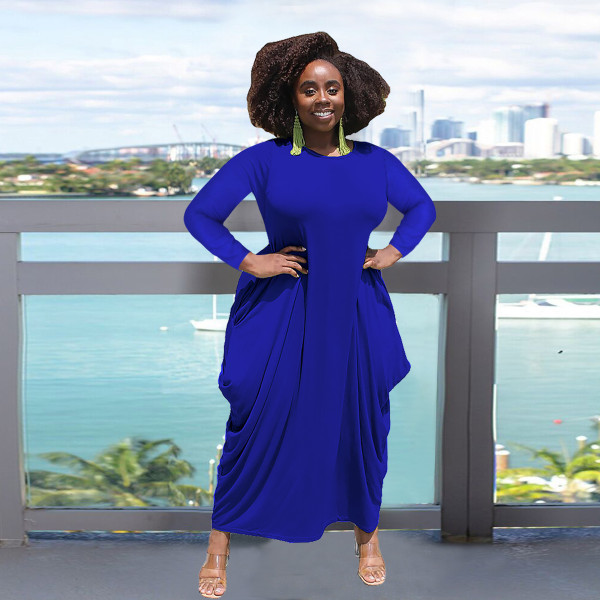 Solid color round neck long sleeves irregular hem imitation cotton pocket plus size dress