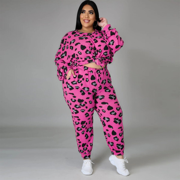 Plus size women's fashion round neck long sleeve leopard print loose sweater casual suit women