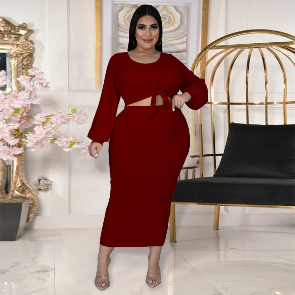 New Women's Fashion Lantern Sleeve Long Sleeve Top Half Skirt Cotton Rib Hole Striped Casual Two-piece Set